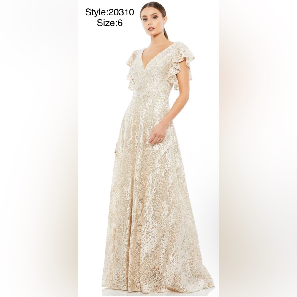 Embroidered flutter sleeve v neck long gown